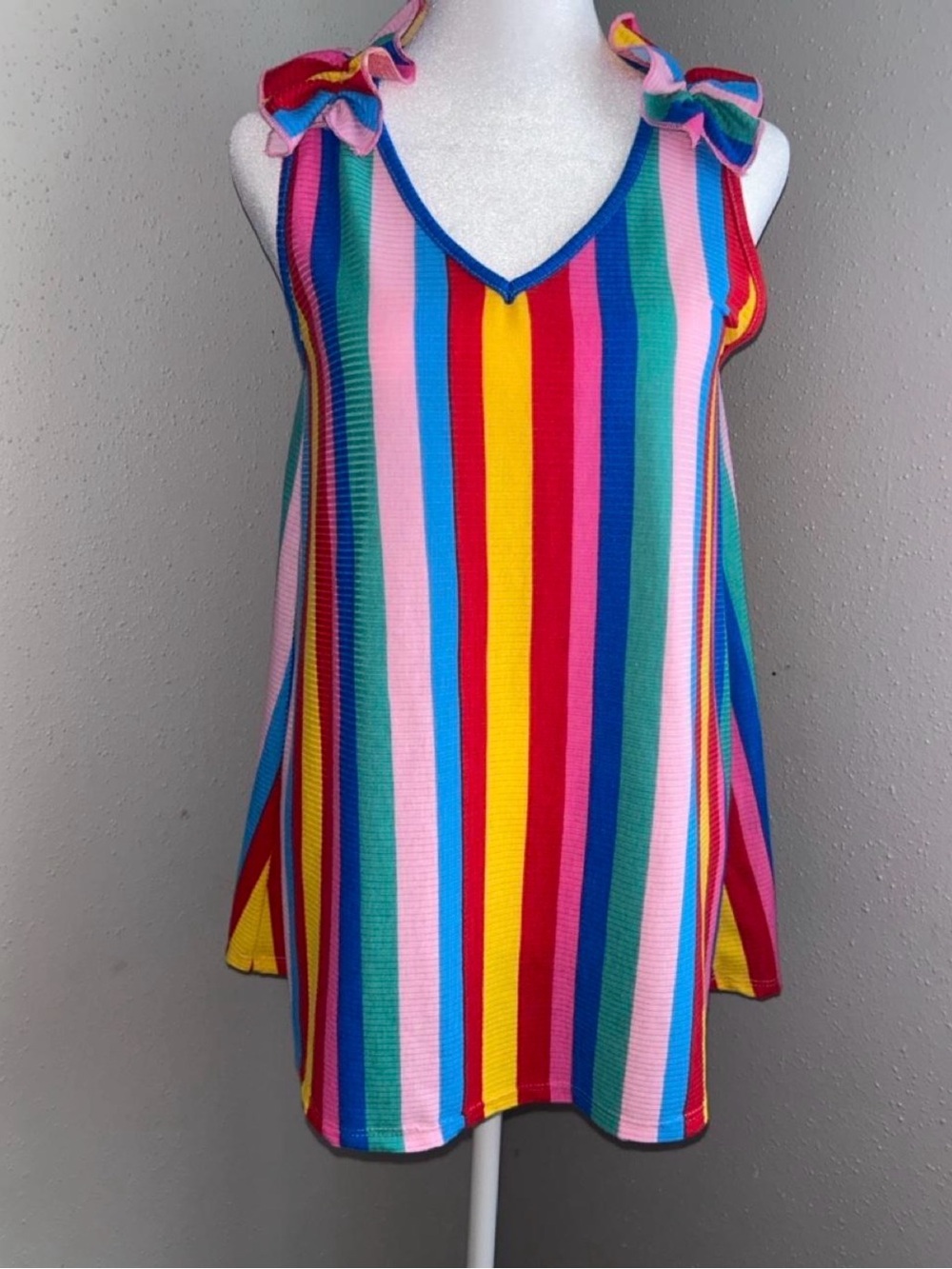 Multicolor Striped Tie-Shoulder V-Neck long Tank Top
